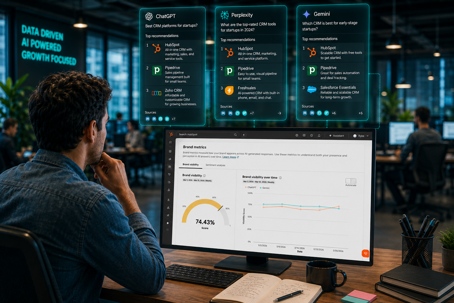 a marketer in a start-up vibes office viewing AI-generated answers across different AI tools, with certain brands highlighted as primary recommendations and others fading into the background, connected to a pop-up AI Visibility Score graph showing mention frequency, platform coverage, and citations in a teal glowing line, lively setting brightly lit cool tone