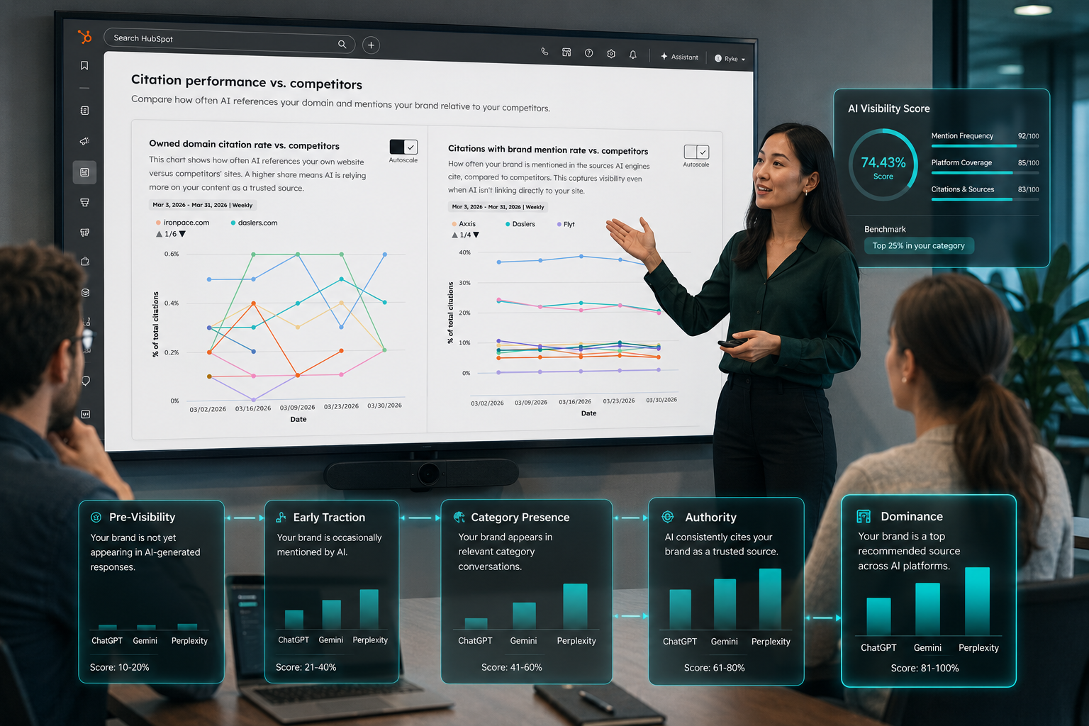 A professional markter presenting a report on AI Visibility Score, her main slide shows this image, with pop-ups for Pre-Visibility, Early Traction, Category Presence, Authority, and Dominance, with brand performance bars increasing across AI platforms such as ChatGPT, Gemini, and Perplexity in a modern SaaS reporting interface with clean data visuals and benchmark indicators