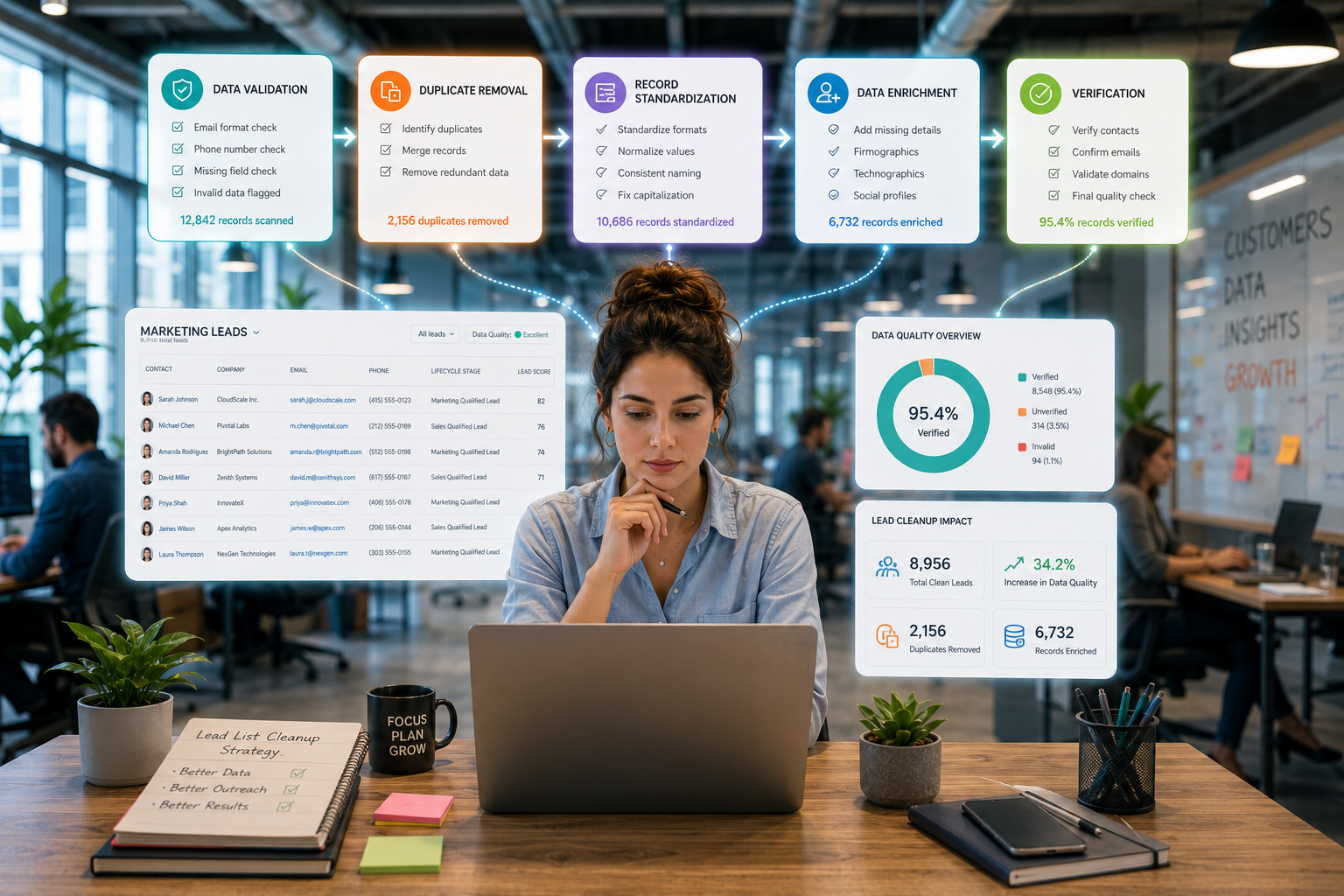 cleaning the marketing lead list inside HubSpot CRM platform. with pop-up stages display data validation, duplicate removal, record standardization, data enrichment, and verification with connected workflow arrows, analytics dashboards, and organized customer records in bright office, lively setting start-up vibes cool tone