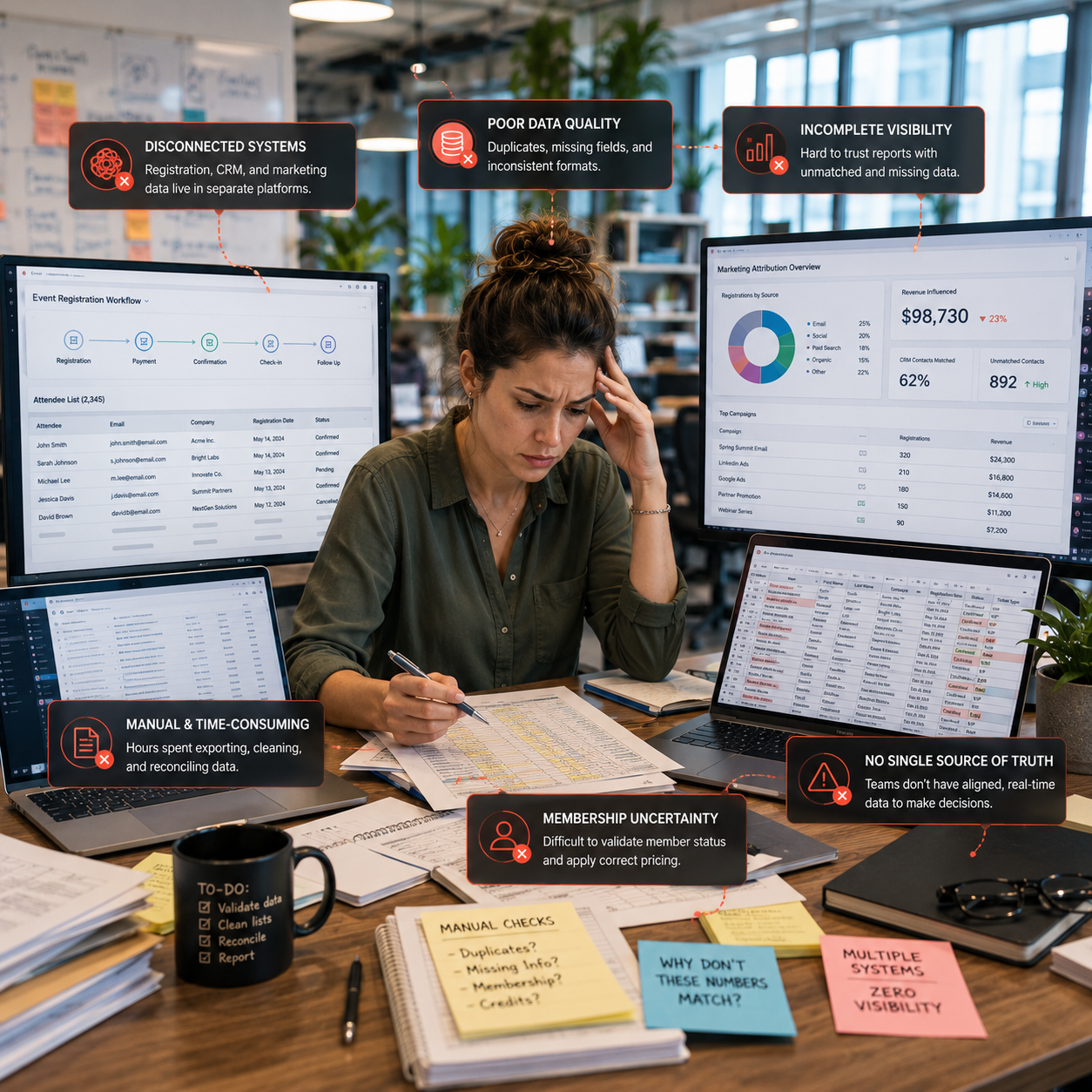 A realistic photo of event management professional working in a modern office environment, struggling to manage disconnected event registration systems across multiple screens. One monitor displays event registration workflows and attendee lists, another shows CRM and marketing attribution dashboards with inconsistent or incomplete data, while spreadsheets and exported files are open on another screen. The professional appears focused but slightly frustrated while comparing mismatched records and trying to validate membership information manually. The workspace reflects operational complexity, with subtle visual cues of fragmented systems, disconnected reporting, and inefficient workflows. The atmosphere should convey friction, lack of visibility, and the challenge of maintaining a single source of truth across event management and CRM systems. Natural lighting, highly realistic, no text, no logos.