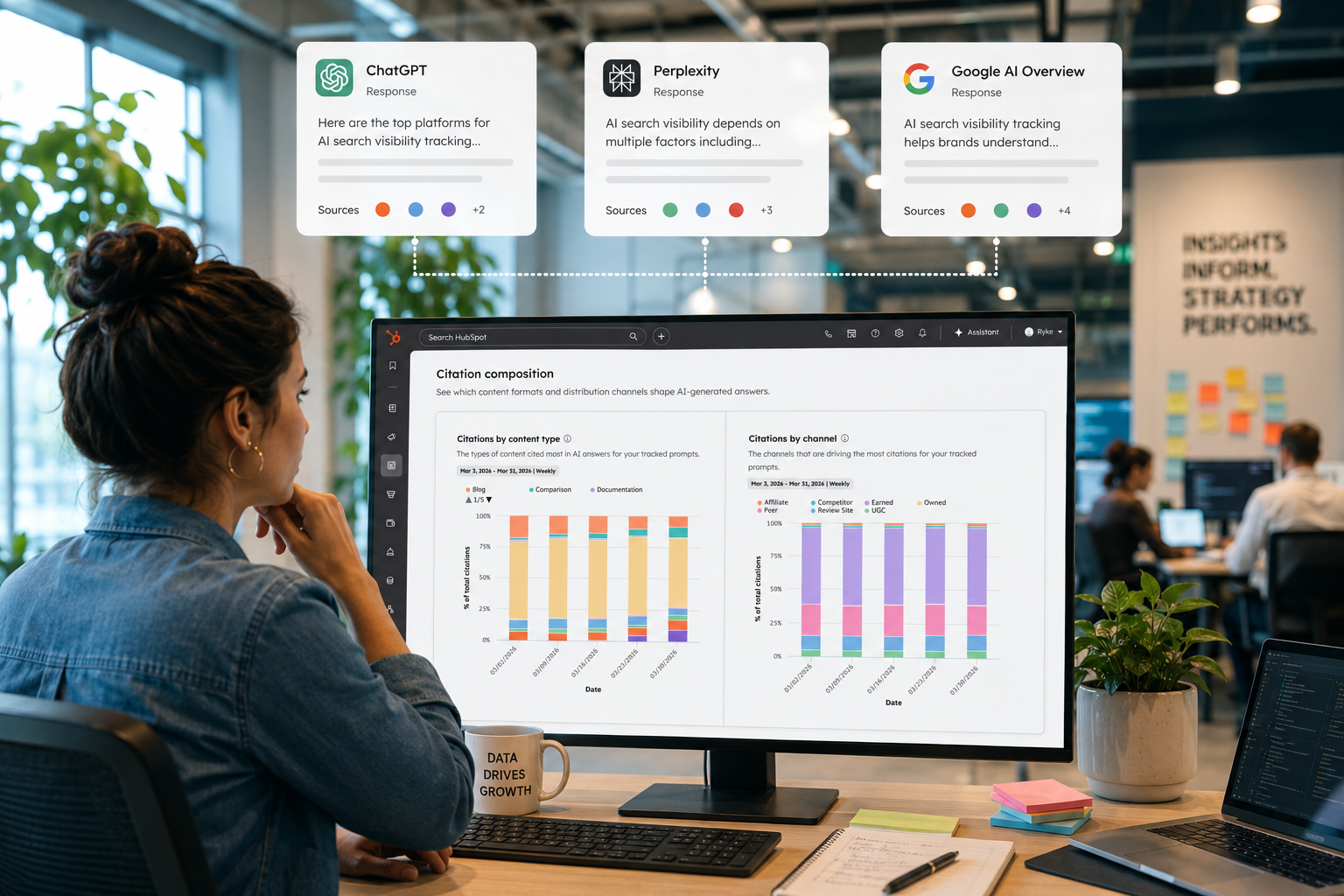 a marketer looking at a analytics dashboard concept showing AI search visibility tracking across platforms like ChatGPT, Perplexity, and Google AI Overviews, with pop-up of charts for citation share, brand mentions, and competitor visibility. Surrounding the dashboard are layered content assets such as FAQs, research reports, community discussions, and multimedia sources, illustrating how citation analysis powers modern GEO and AEO optimization. startup vibes office, lively bright lighitng, cool tone