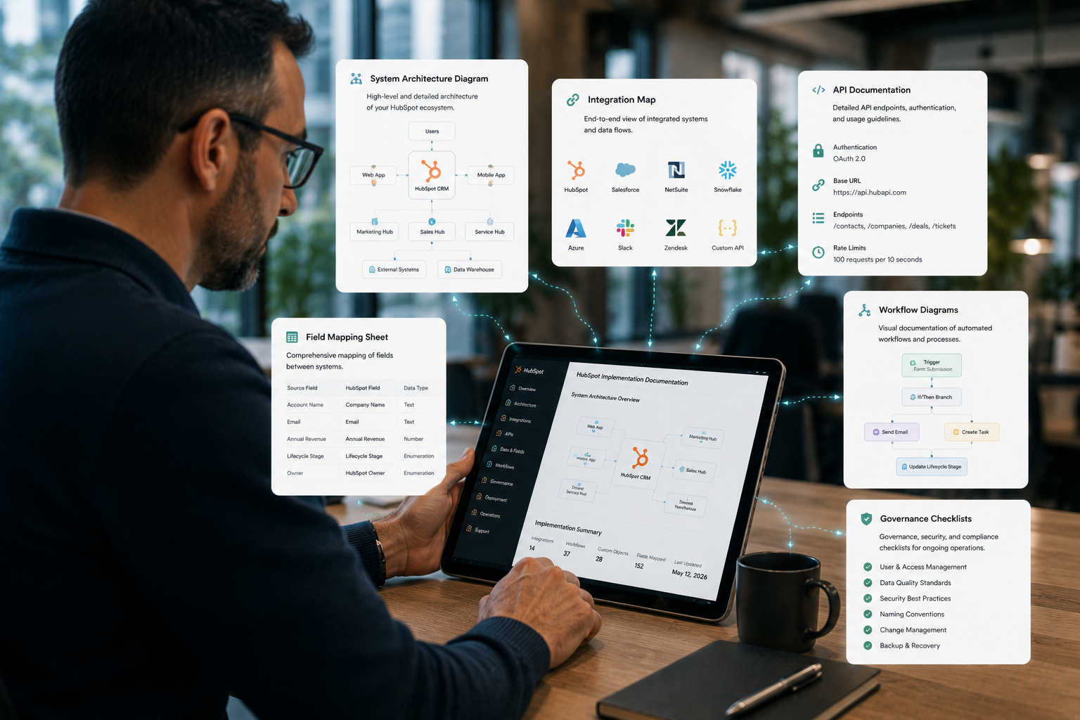 a client looking at a comprehensive IT documentation with pop-up that conects to arrow in the tablet showing system architecture diagrams, integration maps, API documentation, field mapping sheets, workflow diagrams, and governance checklists in a tablet with pop ups showin  the documentation IT teams expect from a HubSpot implementation partner, in a clean SaaS operations style.