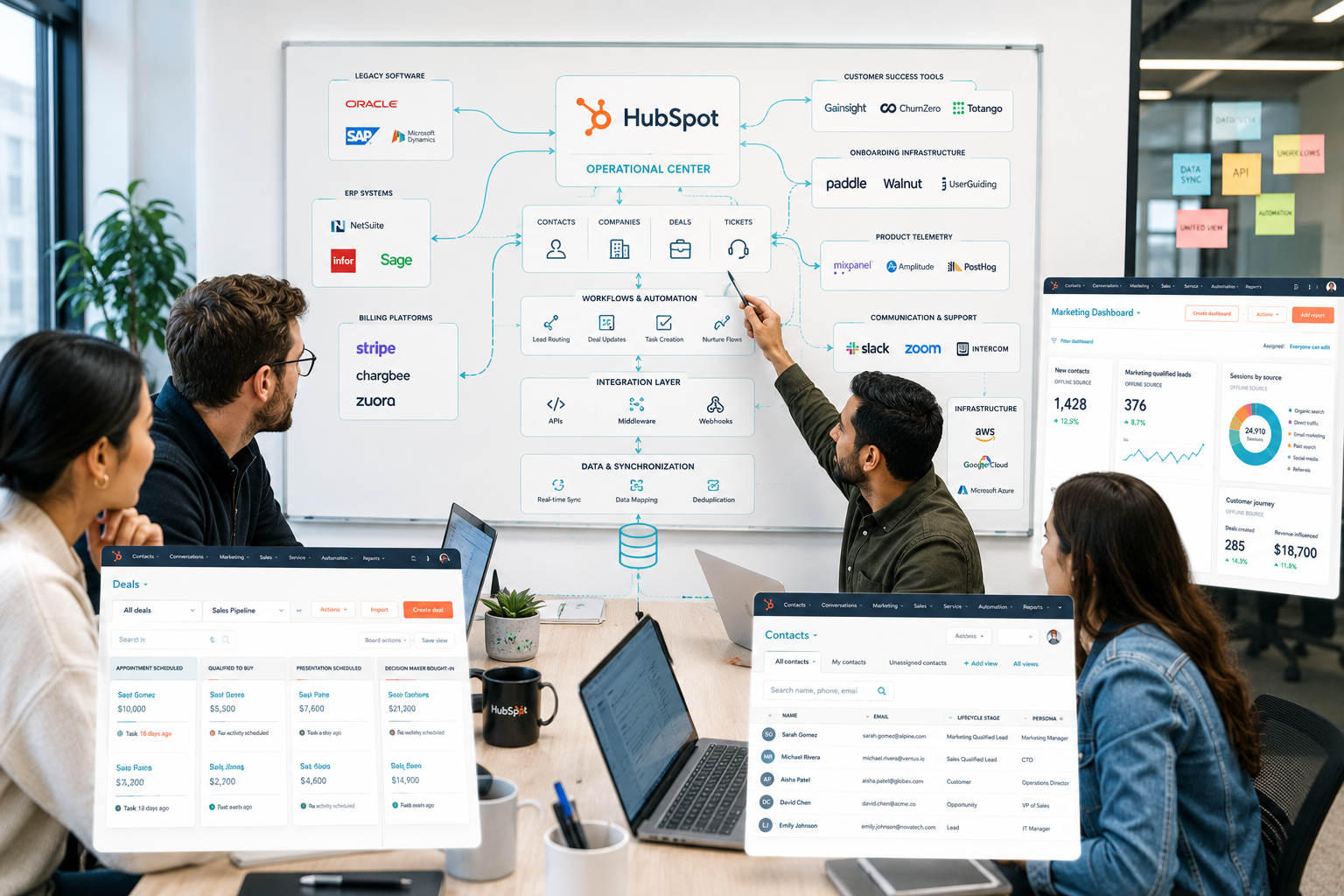 Create a modern enterprise IT illustration showing a custom HubSpot integration architecture connecting legacy software, ERP systems, billing platforms, customer success tools, onboarding infrastructure, and product telemetry environments. Visualize HubSpot as the operational center coordinating complex workflows through APIs, middleware, and synchronized automation. Use clean SaaS-inspired visuals, connected workflow lines, and scalable infrastructure elements to communicate enterprise integration complexity.