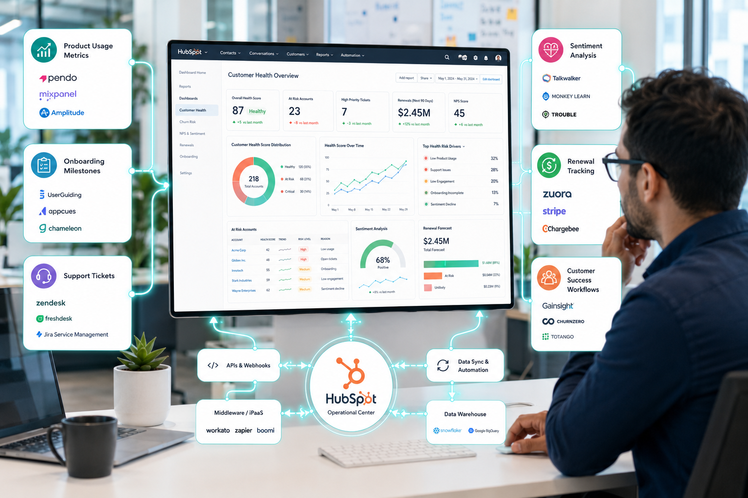 Create a modern SaaS analytics illustration showing customer health signals synchronized across multiple systems through HubSpot integration architecture. Visualize product usage metrics, onboarding milestones, support tickets, sentiment analysis, renewal tracking, and customer success workflows flowing into a centralized customer health dashboard. Use clean enterprise UI elements, connected data pipelines, predictive scoring visuals, and real-time operational monitoring aesthetics.