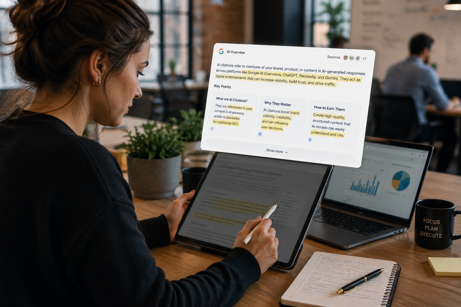 A clean Google-style AI overview interface showing highlighted passage-level extraction from a structured webpage using concise answers and organized sections, with long introductions and large text walls visually dimmed beneath, simple realistic composition.