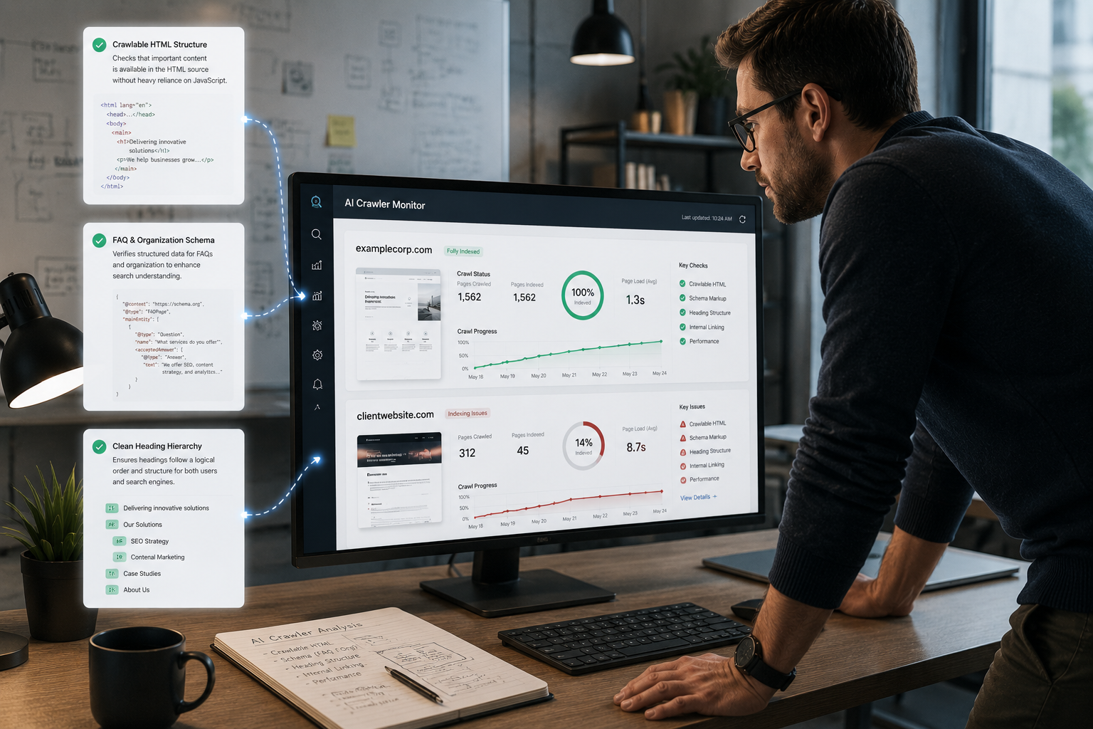 an seo specialist standing bent over by his desk monitoring a realistic AI crawler dashboard scanning two websites: one with clean machine-readable structure and organized HTML being fully indexed, and another with fragmented layouts, hidden modules, and heavy JavaScript failing to load properly, clean SaaS-inspired interface.