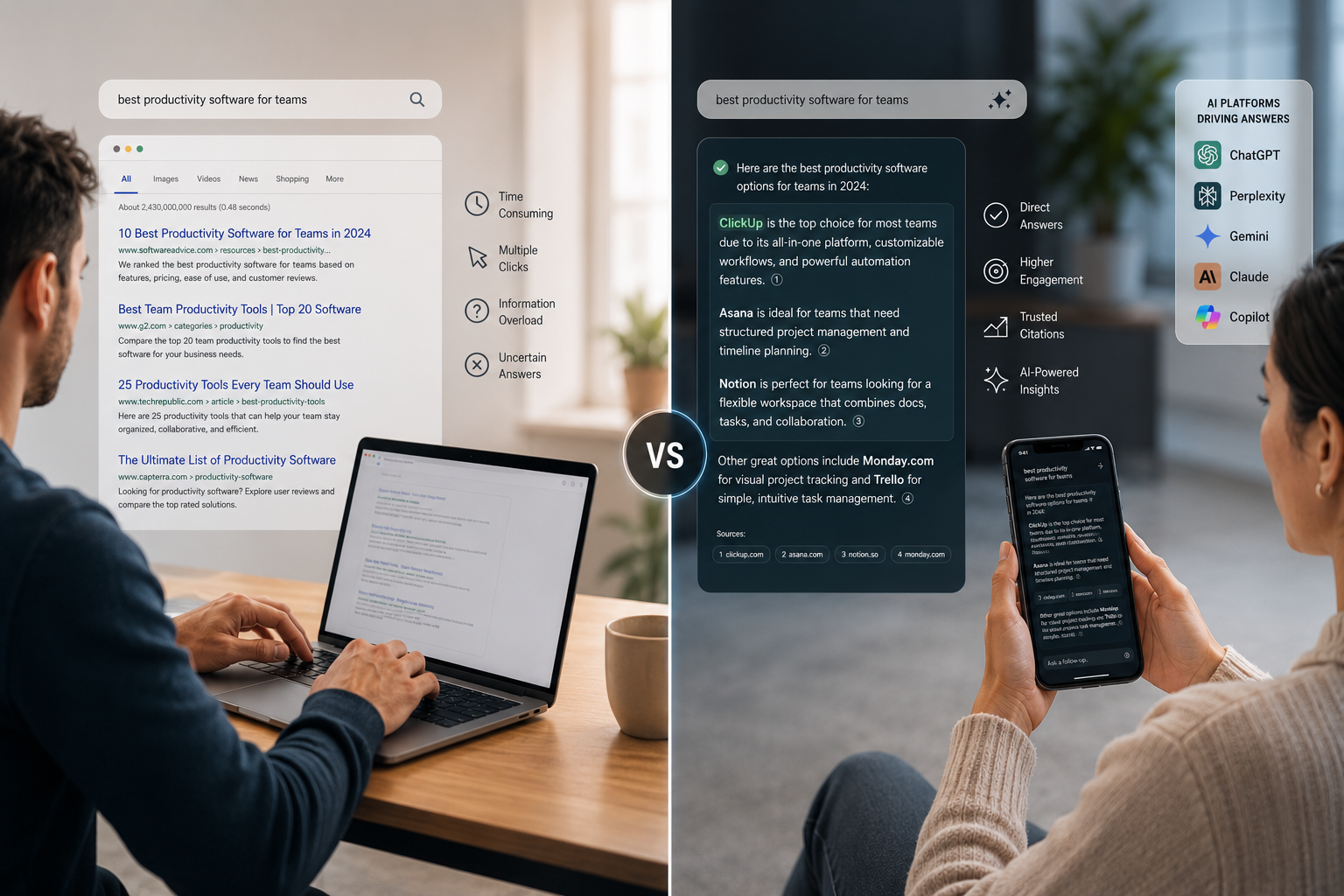 A modern split-screen visualization showing the evolution from traditional search to AI answer engines (AEO). Left side displays a classic search engine interface with multiple blue links and users scrolling through results. Right side shows an AI chat interface delivering a direct synthesized answer with highlighted brand mentions and citations. Include subtle analytics elements like rising zero-click searches, higher conversion rates, and AI platform icons in the background. Clean modern SaaS-style design, minimal colors, professional UI elements.