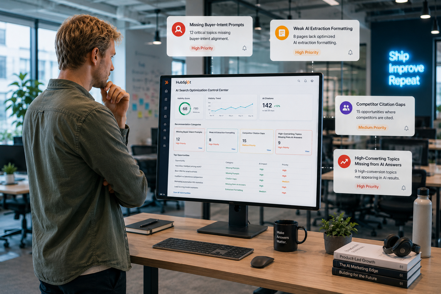 AI search optimization control center with marketers analyzing HubSpot AEO recommendation categories including missing buyer-intent prompts, weak AI extraction formatting, competitor citation gaps, and high-conversion topics missing from AI answers. Large interactive dashboards, organized workflow boards, layered analytics panels, modern B2B SaaS aesthetic, soft lighting, clean typography, and strategic decision-making environment designed around prioritizing AI visibility opportunities.