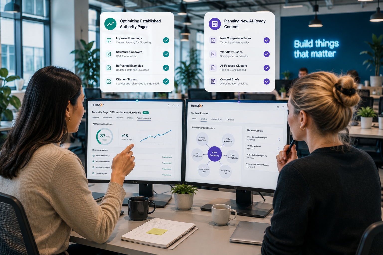 One side shows marketers optimizing established authority pages with improved headings, structured answers, refreshed examples, and citation signals. The other side shows teams planning entirely new comparison pages, workflow guides, and AI-focused content clusters. Modern SaaS dashboards, AI visibility analytics, clean workspace aesthetic, soft gradients, structured content systems, professional and futuristic atmosphere.