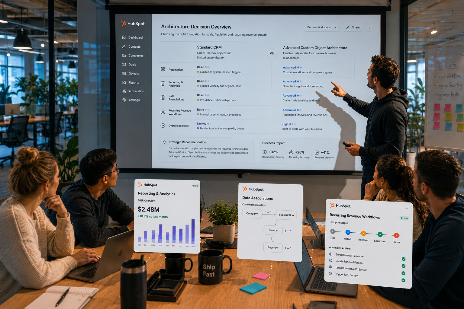 a team meeting in a conference room of an IT tech office with glass walls, with a projector screen of decision-making dashboard inside a modern CRM interface comparing standard CRM functionality against advanced custom object architecture, showing operational layers like automation, reporting, associations, and recurring revenue workflows gradually increasing in complexity,