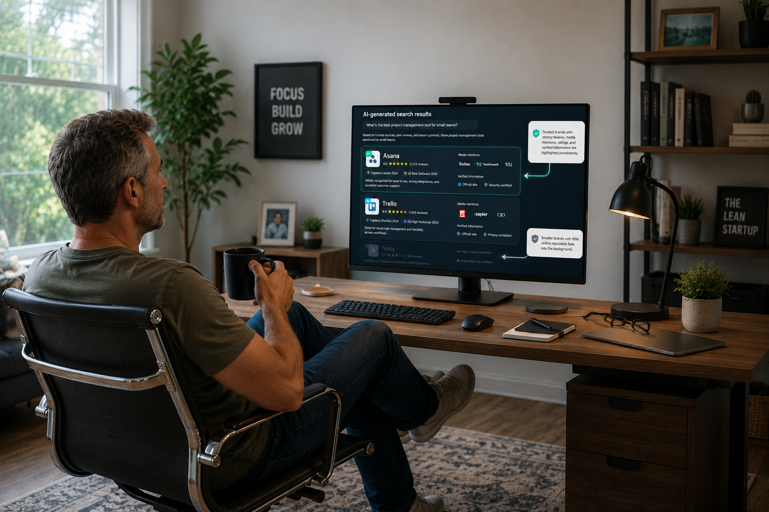a business owner looking at a large screen displaying AI-generated search results, where trusted brands with strong reviews, media mentions, ratings, and verified information are highlighted prominently, while smaller brands with little online reputation fade into the background, modern office lighting, professional and minimal visual style, emphasizing credibility and online trust signals.
