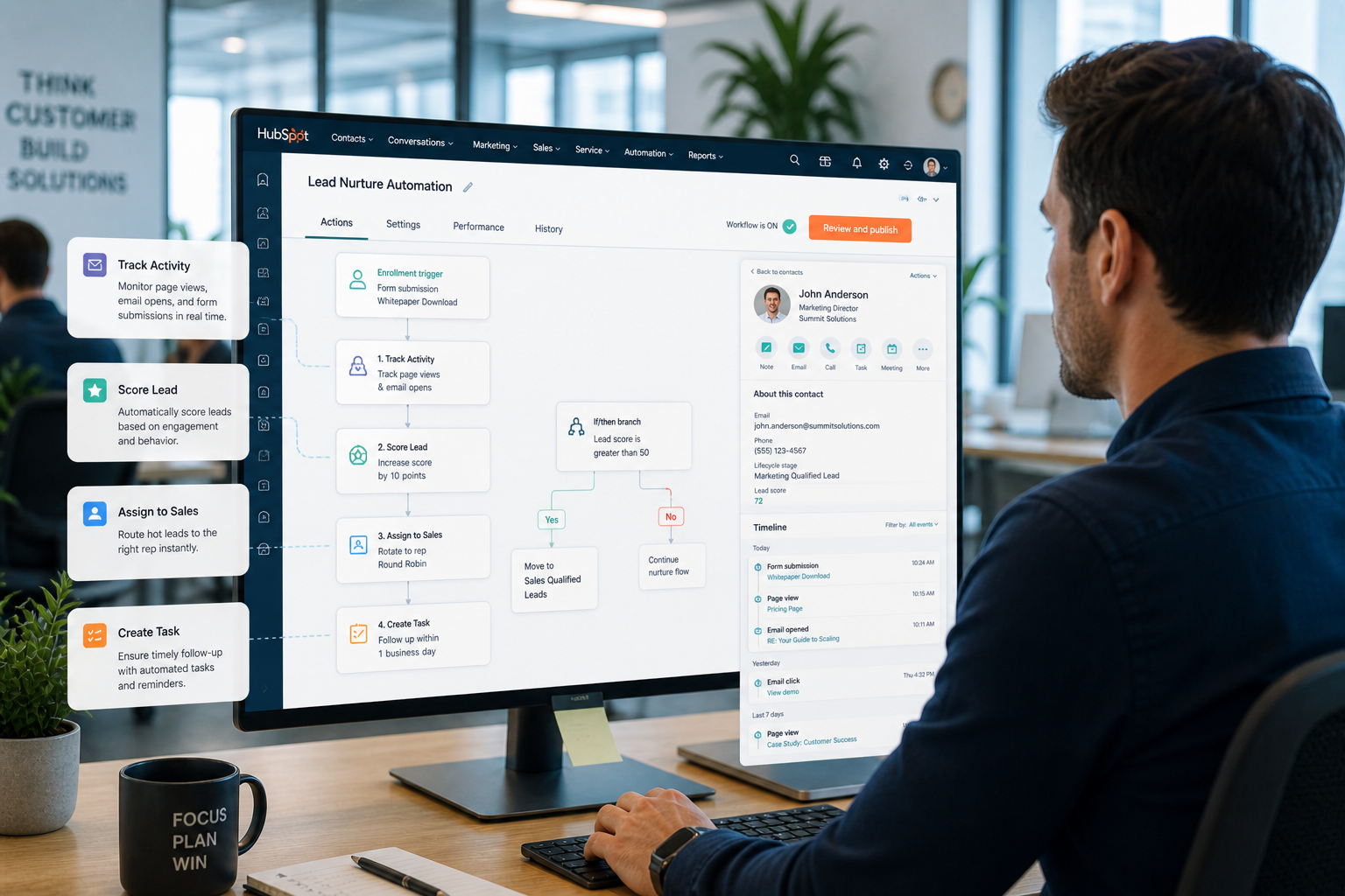 A close-up of a laptop displaying a HubSpot CRM automation interface with connected elements like “Track Activity,” “Score Lead,” “Assign to Sales,” and “Create Task,” alongside a sales rep reviewing a detailed customer timeline before reaching out, emphasizing context-driven conversations, natural office environment, warm tones, and minimalistic design.