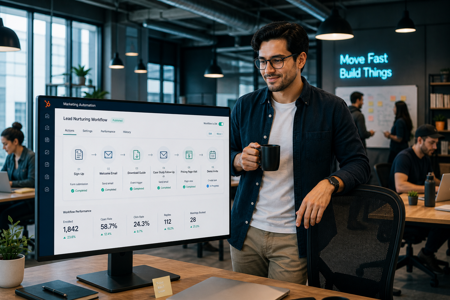 a marketer in a start-up office standing in front of desk drinking coffee, looking at a a left-to-right marketing automation journey with six connected steps: “Sign-Up,” “Welcome Email,” “Download Guide,” “Case Study Follow-Up,” “Pricing Page Visit,” and “Demo Invite,” each represented by simple icons (form, email, document, email with attachment, pricing page, calendar/demo), connected by arrows to show progression, minimalistic layout, warm neutral tones, clear spacing, and a professional, non-futuristic style that emphasizes a structured lead nurturing workflow.