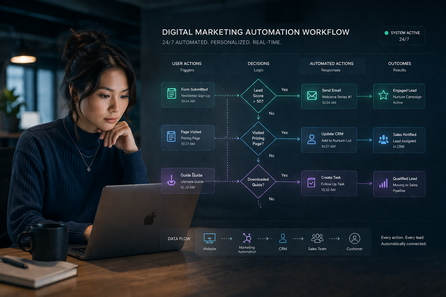 generate a female marketer looking at a digital marketing workflow system shown as a connected flow diagram, where user actions (like form submissions, page visits, and downloads) trigger automated paths that branch into different outcomes with pop-up elements such as icons for triggers, decision nodes (if/else logic), and actions like email sends, CRM updates, and task assignments. The scene should feel like a 24/7 automated engine, with data flowing smoothly between marketing, sales, and customer touchpoints, emphasizing personalization and real-time response. Use a minimal, tech-inspired style with soft gradients and structured pathways.