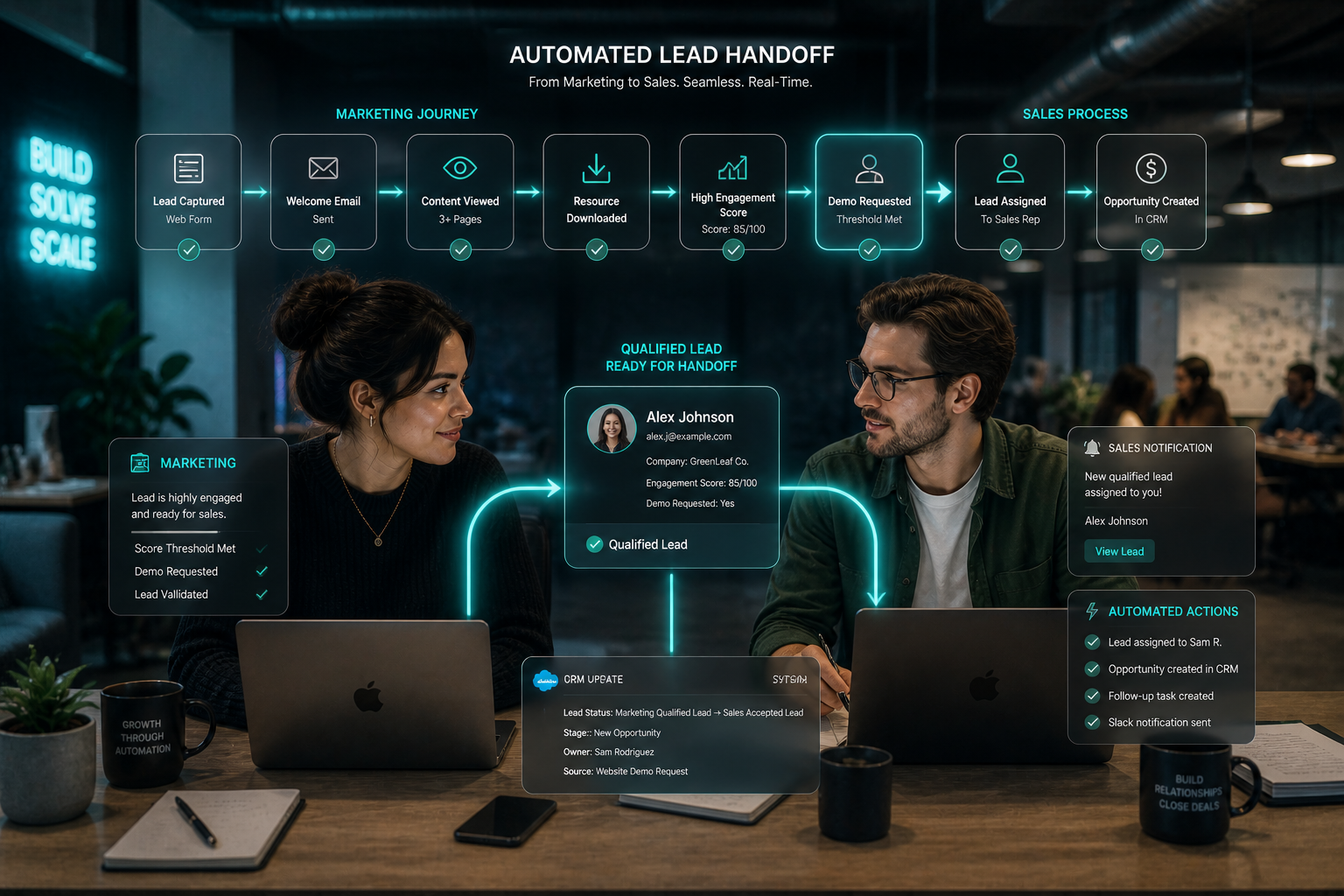 salesperson and marketer sitting side by side in an open office layout with statyip vibes, showing qualified lead moving from marketing to sales through an automated handoff system through pop-up and a glowing teal line connecting it. Show a pipeline where a lead reaches a defined threshold (such as high engagement or demo request), then transitions into a sales stage with automatic assignment to a representative. Include visual elements like CRM updates, notification alerts, and task creation, emphasizing a smooth and timely transfer with no gaps or delays.
