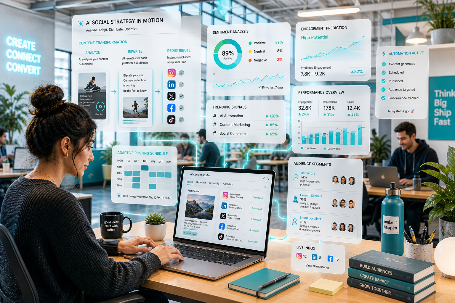 generate a scene of the social media in her desk where AI transforms social media strategy in motion, showing content being analyzed, rewritten, and redistributed instantly across platforms in pop-ups on above the laptop, with overlays of sentiment analysis, engagement predictions, and trending signals guiding decisions; include visual elements like rising performance graphs, adaptive posting schedules, and personalized audience segments to illustrate how AI continuously improves content performance and targeting.