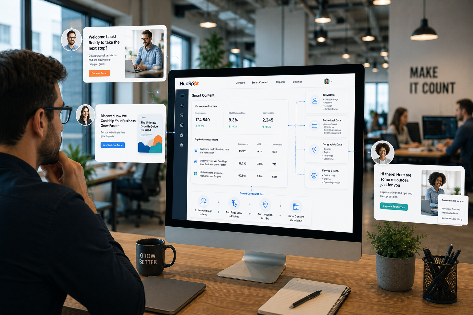  professional looking at a a website automatically displaying personalized content to different visitors using HubSpot Smart Content. Show multiple users viewing the same website with different headlines, CTAs, forms, and messages based on their behavior, device, or location. Include visual elements such as smart rules, CRM data, personalization tokens, and dynamic content updates connected through a central HubSpot dashboard. Use a clean white background, minimal SaaS-style design, and soft blue and orange accents.