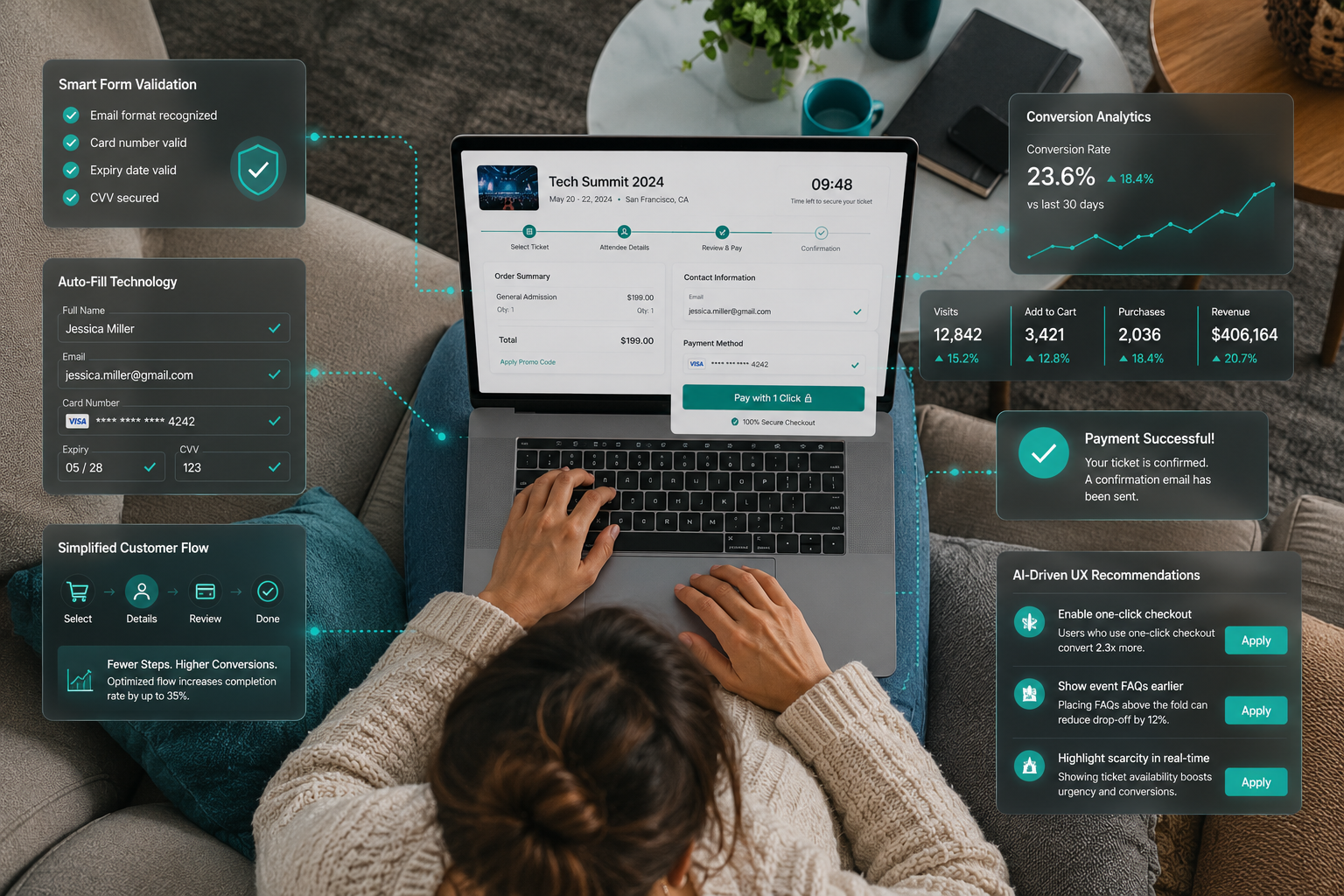 A checkout optimization dashboard showcasing frictionless purchasing experiences with one-click checkout systems, smart form validation, auto-fill technology, and simplified customer flows. Include glowing user pathways, conversion analytics, and AI-driven UX recommendations integrated into a polished high-tech interface. Use clean modern SaaS visuals with layered interface cards and minimal clutter.