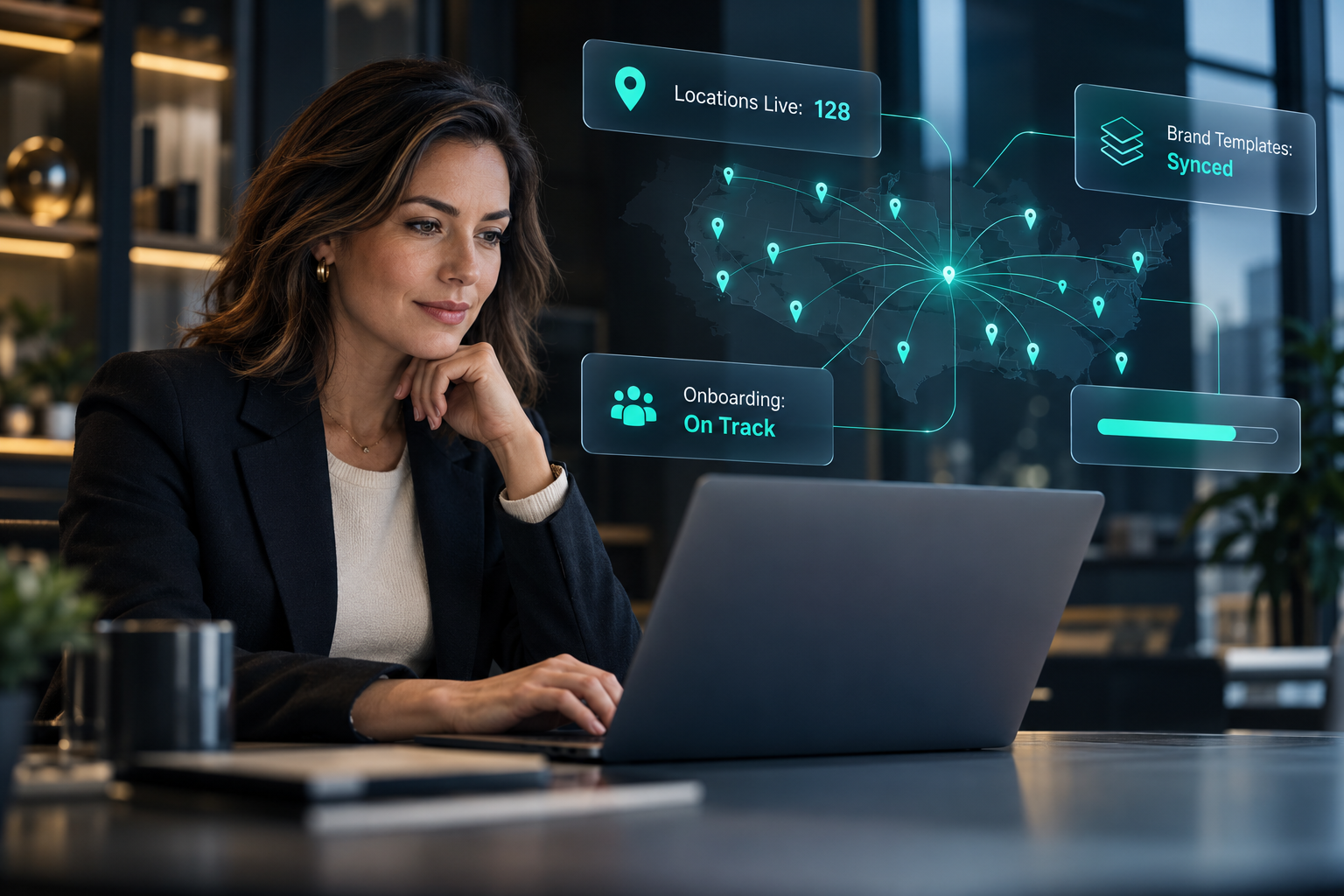 Franchise operations leader reviewing a connected dashboard of all franchise locations