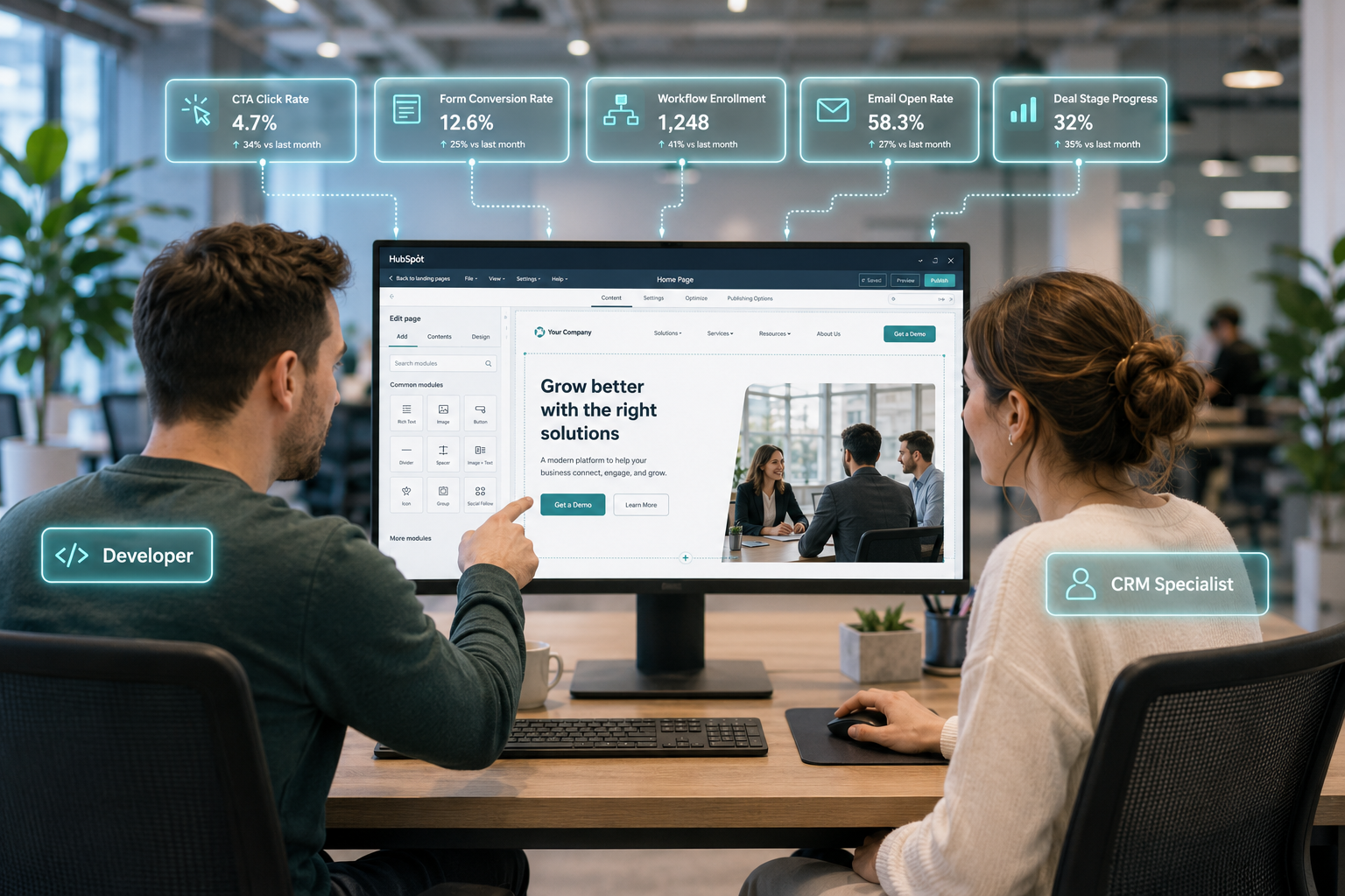 a website developer and crm specialist working together on a landing page in one monitor they are pointing and moving the mouse, find a way to labe they are developer and crm specialist, montior should have the webpage editor of hubspot and add pop-up of this process above the monitor they are working on in a glowing teal lines.