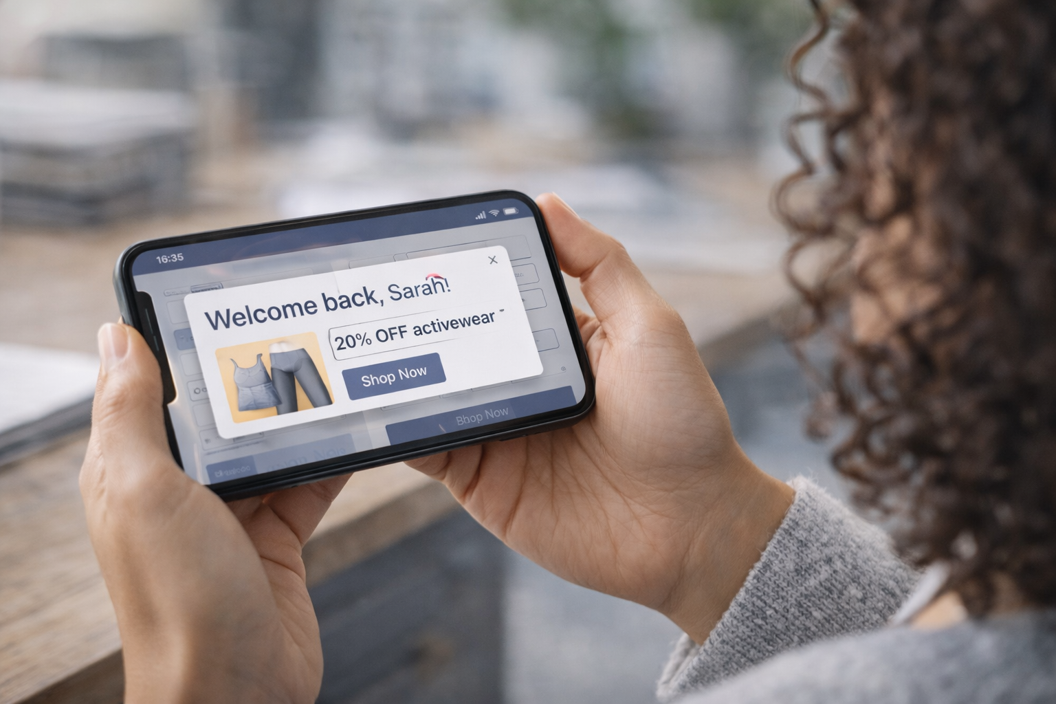 Smartphone displaying a personalized e-commerce interface with a ‘Welcome back’ message, recommended products, and tailored offers, clean modern UI, user holding phone, close-up