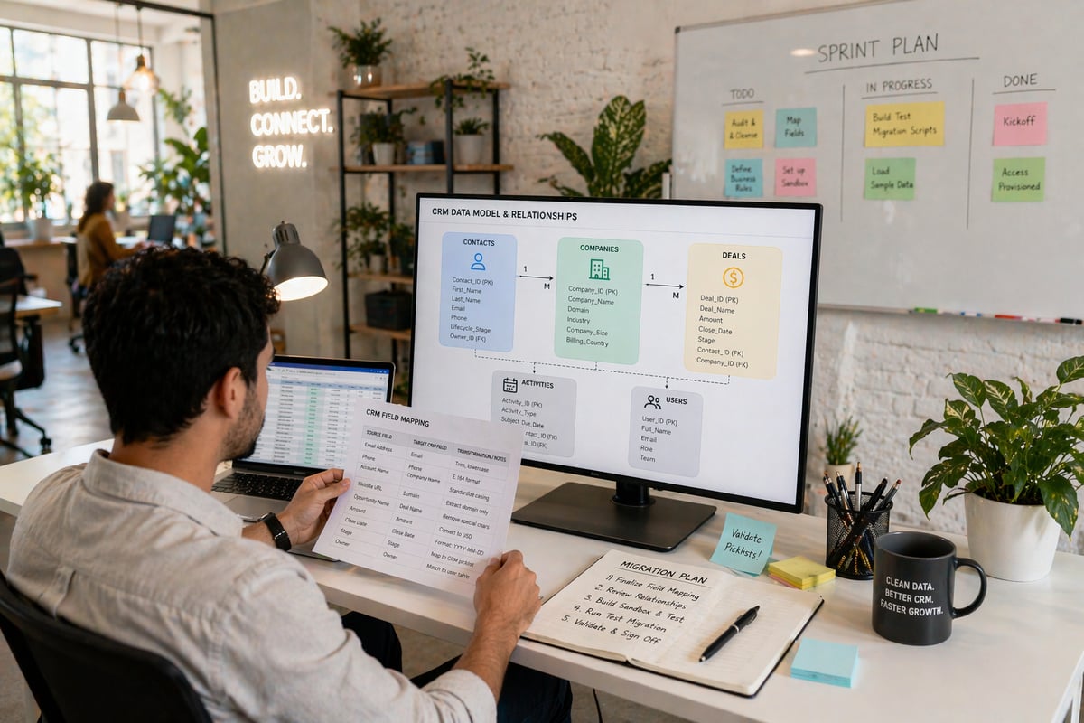 professional mapping out CRM data structure on a large screen, with a clear visual of connected data objects like contacts, companies, and deals arranged in an organized system diagram, while the person references a printed mapping matrix on a clean desk