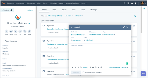 HubSpot CRM Logging call