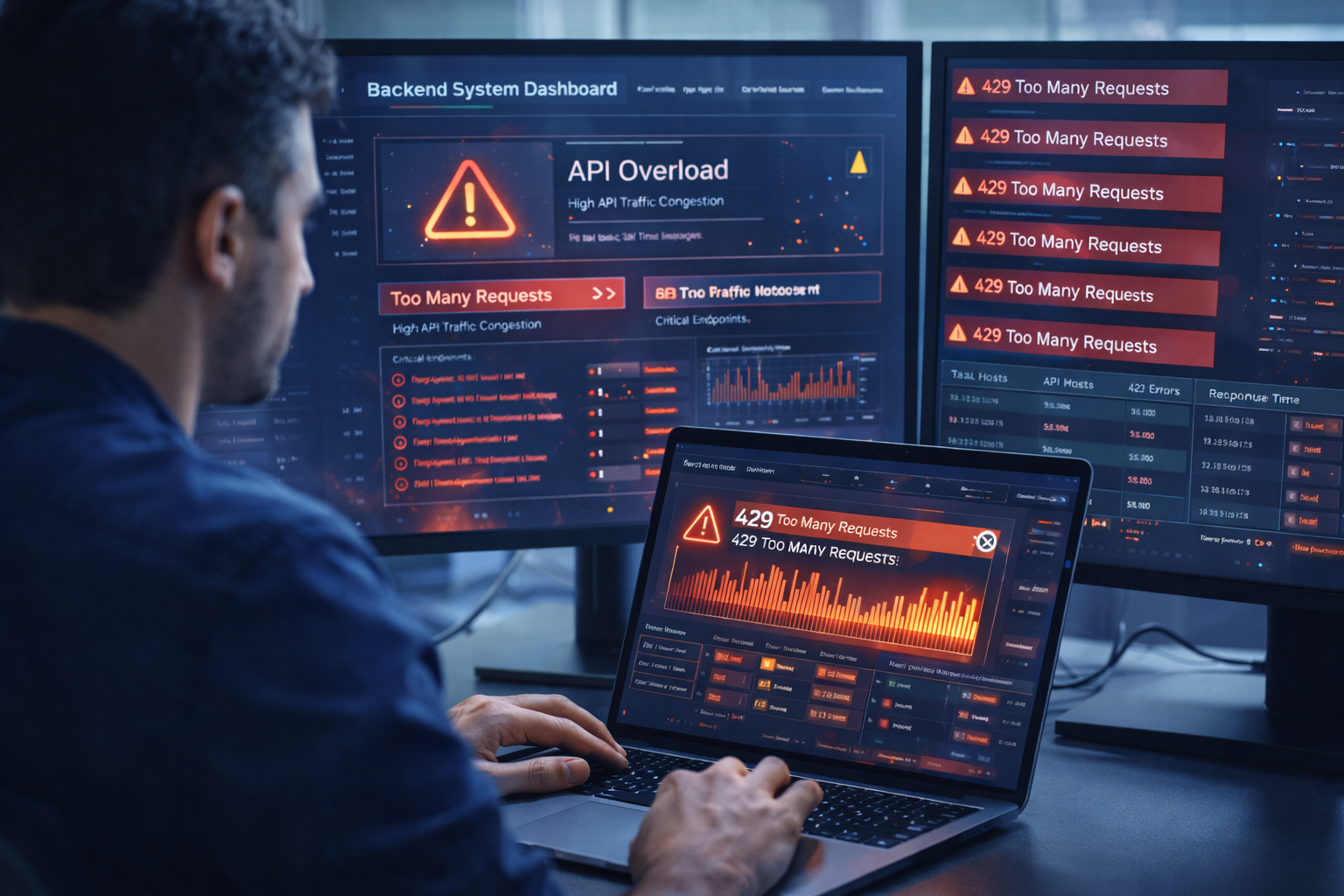 A modern backend system dashboard showing API overload, with red warning alerts and “429 Too Many Requests” errors, high traffic congestion, glowing red indicators, cinematic lighting, ultra-detailed, realistic UI