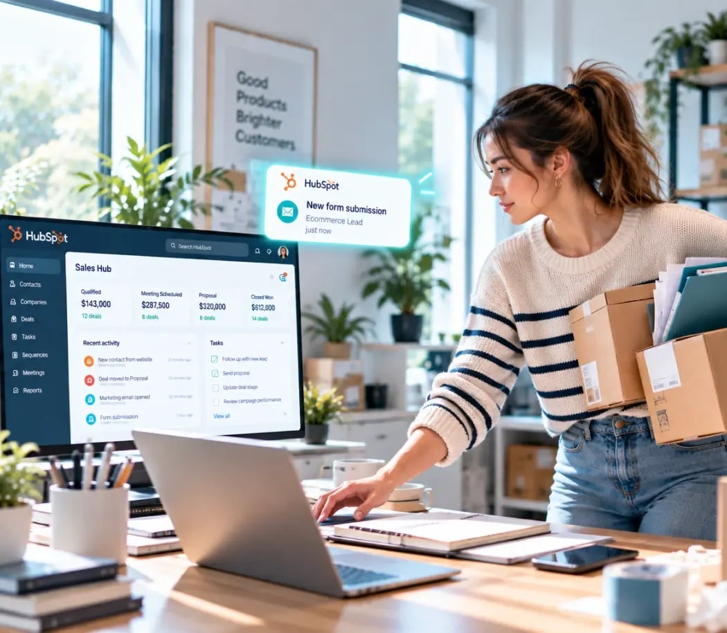 Store owner packing orders next to a HubSpot Sales Hub dashboard