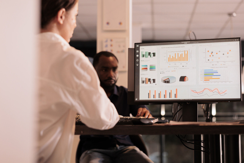 Workers review charts in computer software system