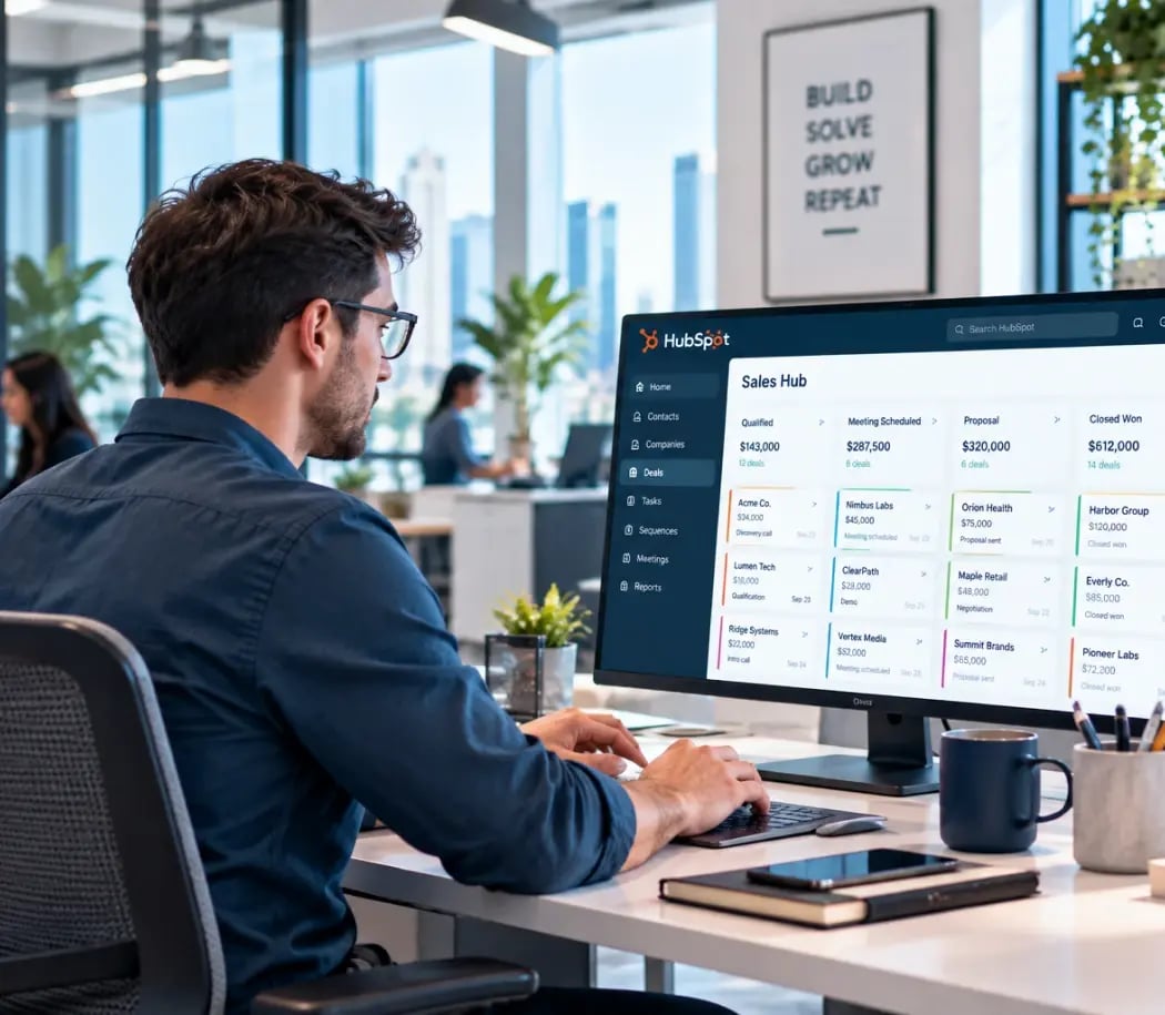 Advisor reviewing a HubSpot Sales Hub deal pipeline at a desk