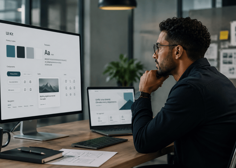 Man reviewing designs on a screen
