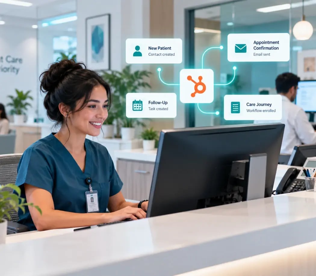 Clinic receptionist at a front desk with HubSpot patient workflow notifications