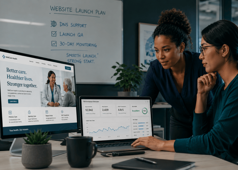 Two women reviewing a website