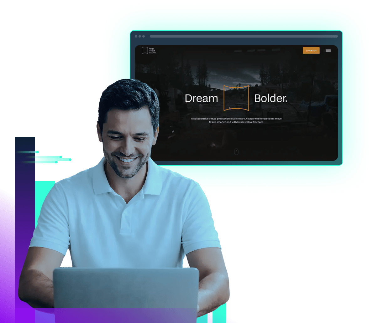 Man looking at desktop with abstract decoration