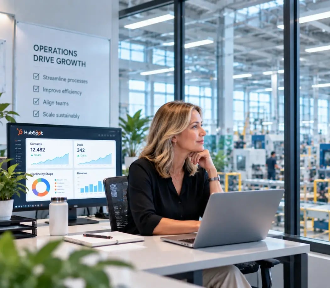 Operations lead with a laptop beside a HubSpot dashboard, factory floor visible through the glass