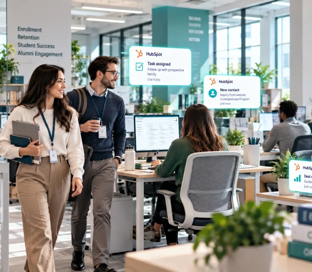 Staff walking through an office with HubSpot task and contact notifications
