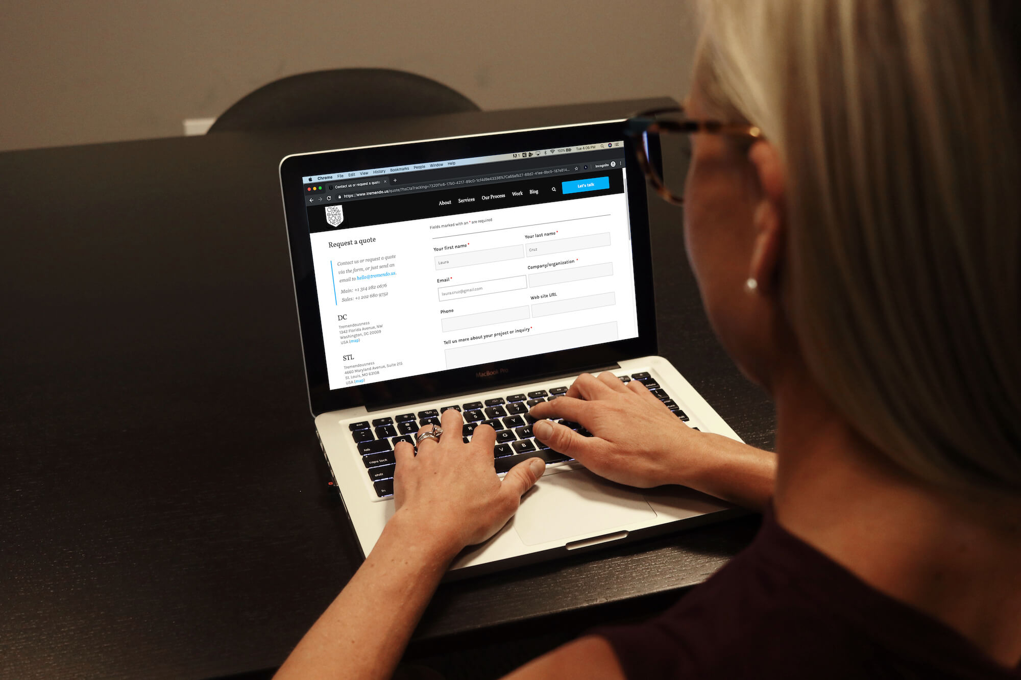 Girl filling out form on landing page