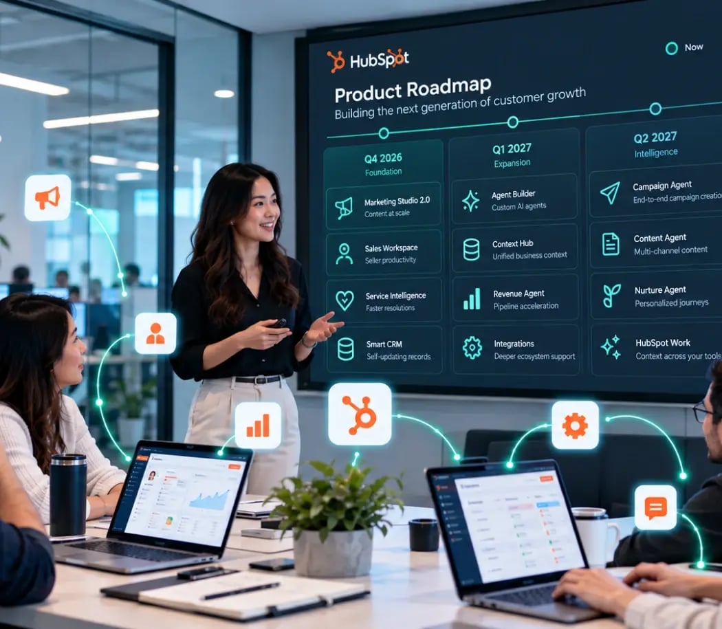 Team presenting a HubSpot product roadmap on a large screen in a meeting room