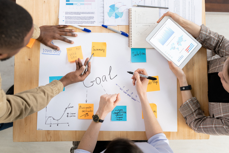 Team uses sharpie markers and post it notes to plots out goals on whiteboard