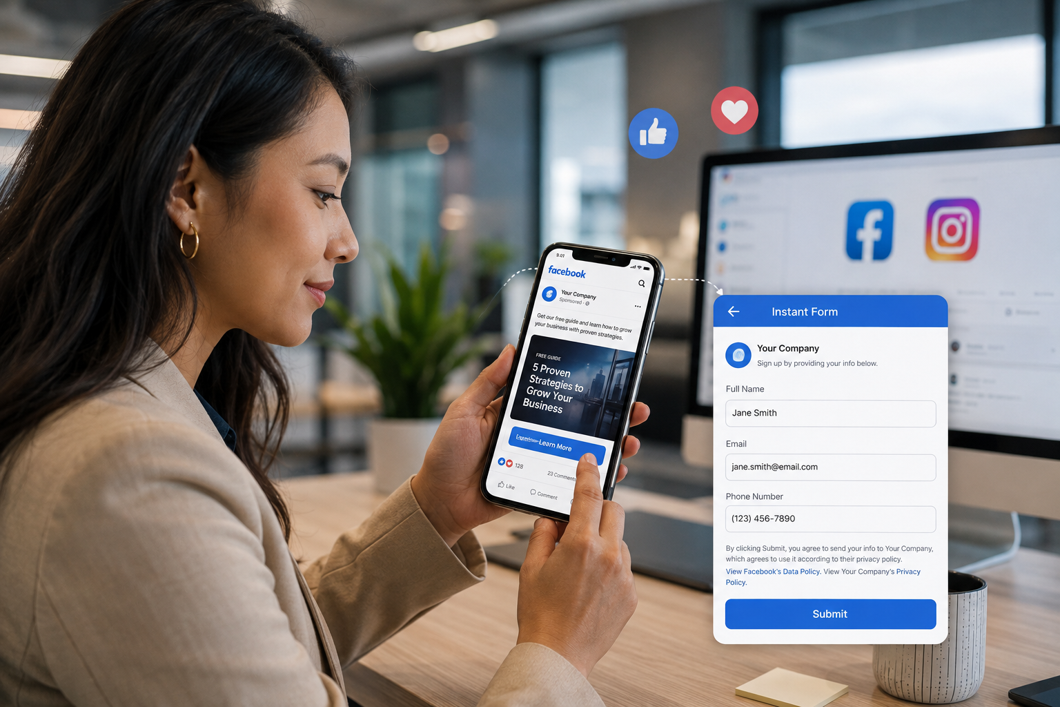 marketing-manager-sitting-at-a-desk-looking-at-a-smartphone-displaying-a-facebook-lead-ad
