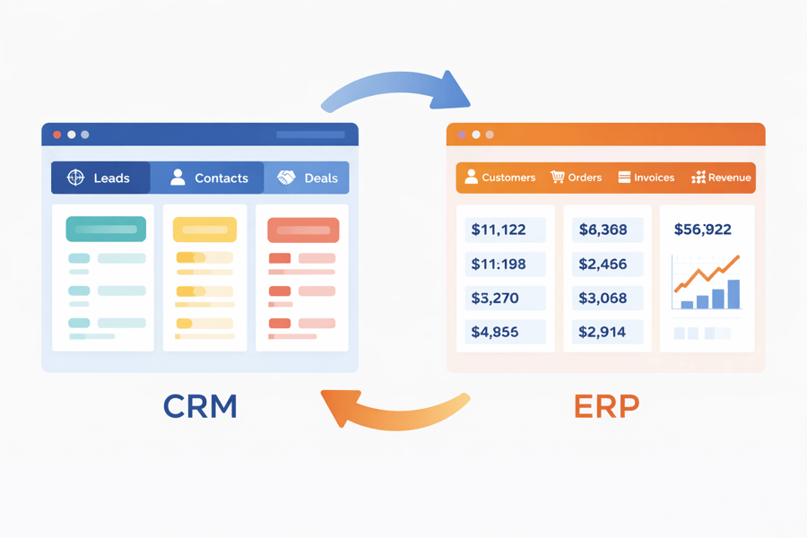 A modern illustration of two connected systems: a CRM on the left with leads, contacts, and deals, and an ERP on the right with customers, orders, invoices, and revenue. Arrows flow both ways between them to show bi-directional synchronization.