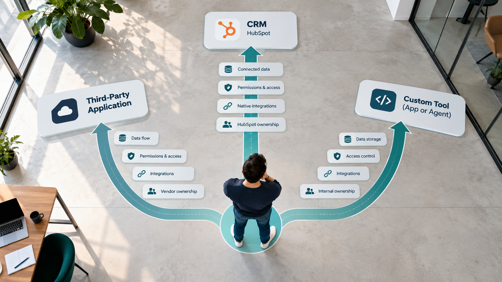 top-down-view-of-a-technology-leader-standing-at-a-central-decision-point