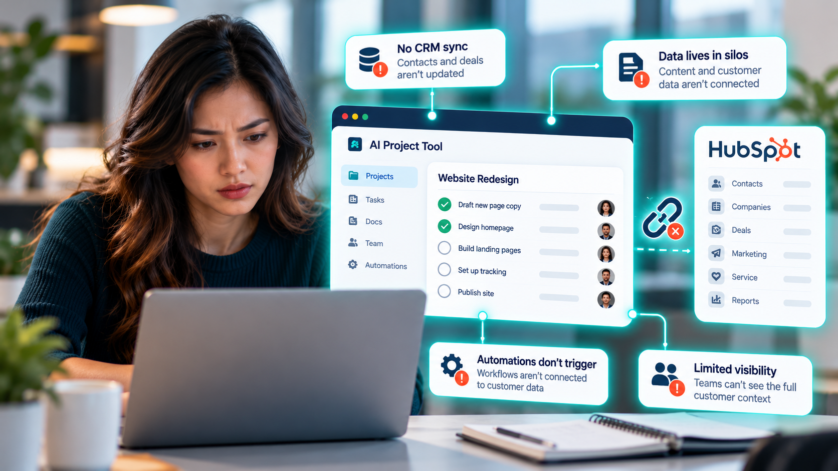 woman-reviewing-a-standalone-ai-project-tool-disconnected-from-hubspot