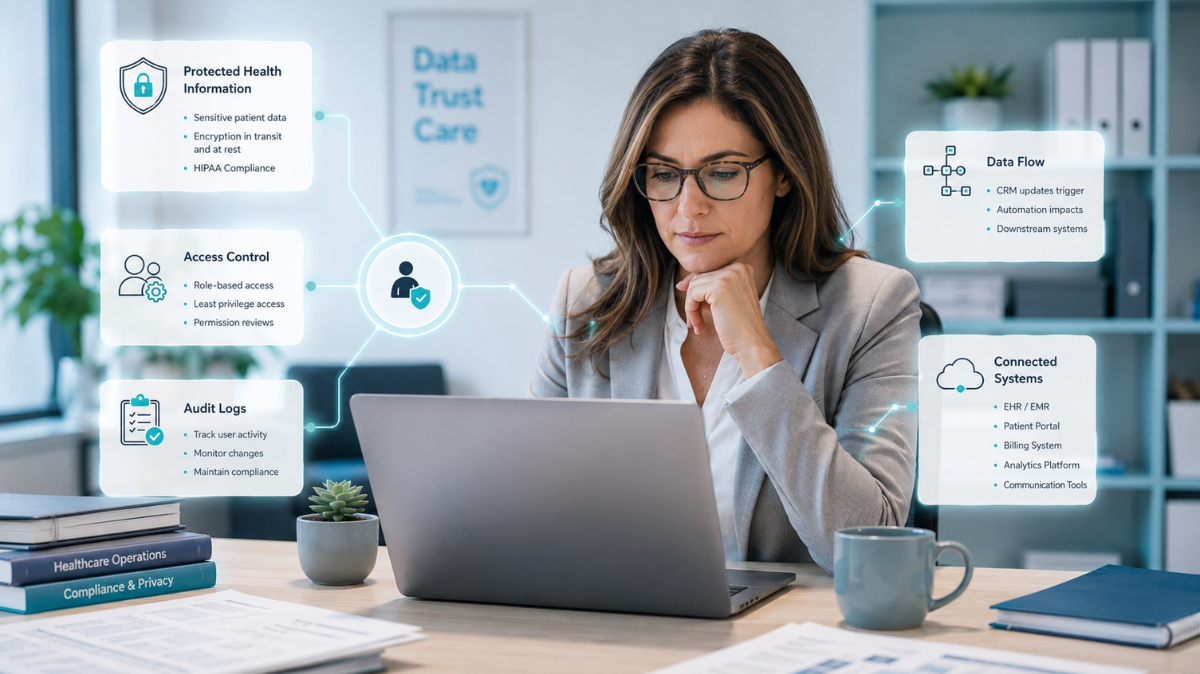 healthcare-manager-reviewing-crm-data-access-and-workflow-settings-on-a-laptop