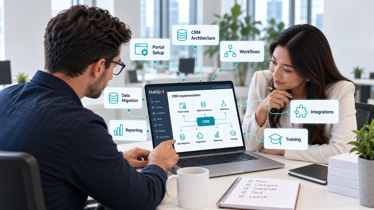 hubspot-consultants-reviewing-crm-implementation-on-laptop